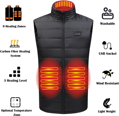 Mens Heated Vest with 3 Heating Level & 9 Heating Zones