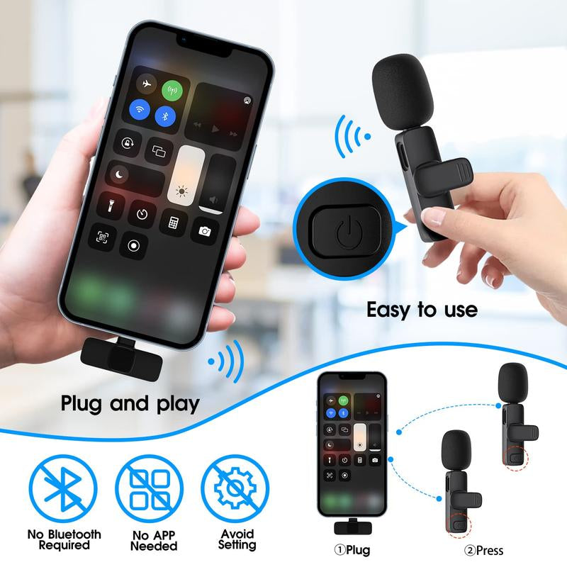 2 Pack Professional Wireless Mini Microphone for Iphone, Ipad Iphone 15, Ios and Android Devices for Video Recording, Vlog,Live Streaming